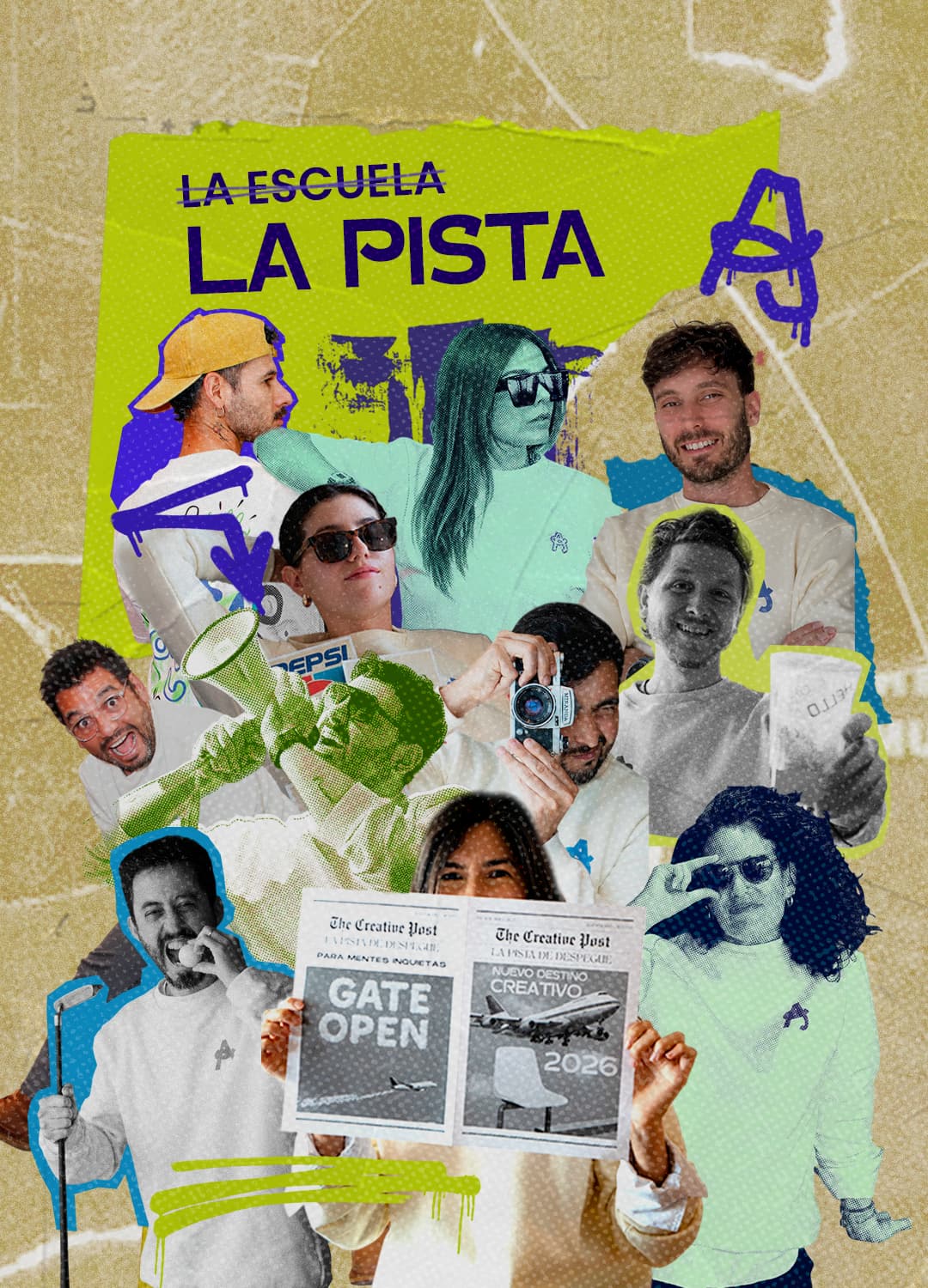 Equipo de Aeropuerto Creativo en un collage de recortes, prensa y tipografía